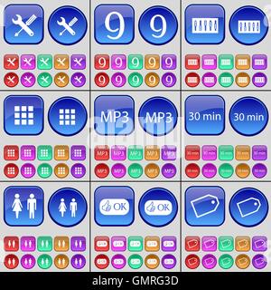 Wrench, Nine, Equalizer, Apps, MP3, 30 minutes, Silhouette, Like, Tag. A large set of multi-colored buttons. Vector Stock Vector
