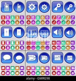 Monitor, Gear, Key, Cupboard, Files, Sound, Chat bubble, MP3, Graph. A large set of multi-colored buttons. Vector Stock Vector