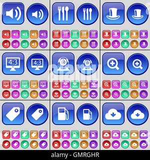 Sound, Cutlery, Silk hat, Monitor, Web-camera, Magnifying glass, Tag, Gas station, Cloud. A large set of multi-colored buttons. Stock Vector