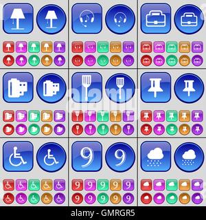 Lamp, Headphones, Suitcase, Negative films, Padle, Pin, Disabled person, Nine, Cloud. A large set of multi-colored buttons. Vect Stock Vector