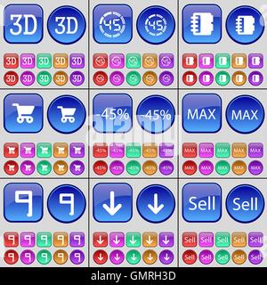 3D, Countdown, Notebook, Shopping cart, Discount, Max, Nine, Arrow down, Sell. A large set of multi-colored buttons. Vector Stock Vector