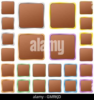Brown blank square metal button set Stock Vector