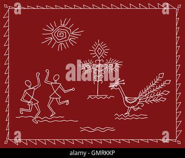 Folk Dancers Tribal Design, Motif, Wall Painting Stock Vector