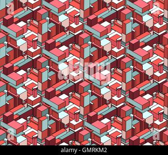Vector Seamless Isometric Blocks Cubic City Composition Pattern in Pink and Blue Stock Vector