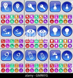 Checkpoint, Key, Thermometer, Volume, Vision, Light bulb, Nine, USB, Tap. A large set of multi-colored buttons. Vector Stock Vector