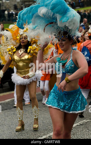 Female samba dancers taking part in the Cavalcade, part of the Edinburgh Jazz Festival. Stock Photo