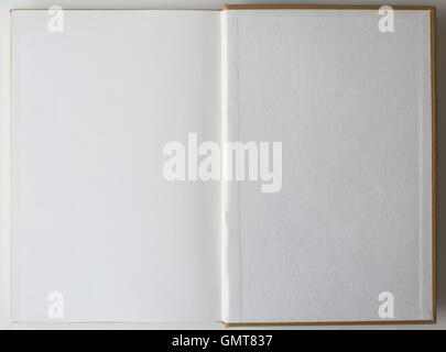 Old book opened to the first page showing blank pages inside. Stock Photo