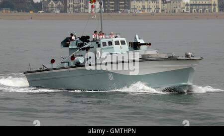 AJAXNETPHOTO. 25TH AUGUST, 2016. SOLENT, ENGLAND. - MOTOR GUN BOAT - RESTORED SECOND WORLD WAR ROYAL NAVAL COASTAL FORCES 'LITTLE SHIP' MGB 81 (EX MTB 416) DESIGNED BY GEORGE SELMAN AND BUILT BY BRITISH POWERBOATS AT HYTHE SERVED IN ROBERT HITCHENS WWII FLOTILLA, SEEN HERE OFF SOUTHSEA.  PHOTO:JONATHAN EASTLAND/AJAX  REF:D162508 6112 Stock Photo