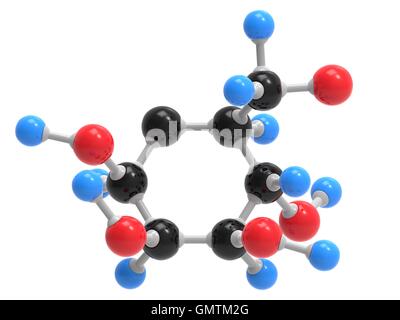 Glucose sugar, molecular model. Atoms are represented as spheres and are colour-coded: carbon (black), hydrogen (blue) and oxygen (red). Stock Photo