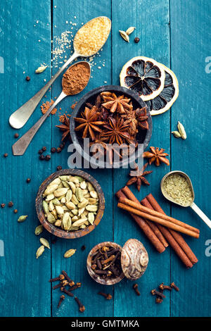 culinary background with various spices for Christmas mulled wine Stock Photo