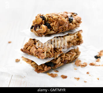 Healthy food granola bars on white background Stock Photo