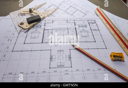 Top view of architect drawing on architectural project Stock Photo
