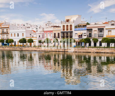 Traditional white architecture of the region along the riverbank in Ayamonte, Huelva province, Andalucia, Spain.  The buildings Stock Photo
