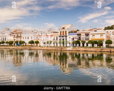 Traditional white architecture of the region along the riverbank in Ayamonte, Huelva province, Andalucia, Spain.  The buildings Stock Photo