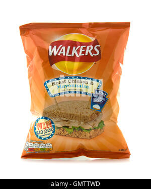 A Bag of Walkers Roast Chicken and Mayonnaise Flavour crisps isolated on a white background. Stock Photo