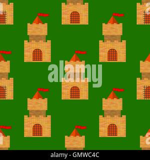 Red Brick Castle Seamless Pattern on Green Stock Vector