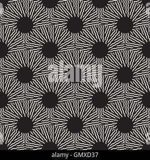 Vector Seamless Black and White Optical Art ZigZag Rays Round Circles Pattern Stock Vector