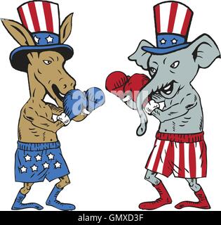 Democrat Donkey Boxer and Republican Elephant Mascot Cartoon Stock Vector