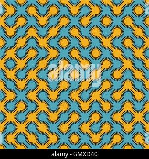 Vector Seamless Blue and Yellow Rounded Circle Maze Dashed Line Truchet Pattern Stock Vector