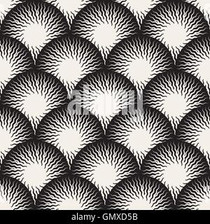 Vector Seamless Black and White Optical Art ZigZag Rays Round Circles Pattern Stock Vector