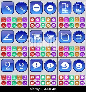 Syringe, Minus, Smartphone, Angle, Shopping cart, Window, Two, Chat bubble, Nine. A large set of multi-colored buttons. Vector Stock Vector