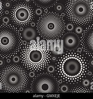 Vector Seamless Black and White Rounded Circles Ornament SunBursts Radial Stars Pattern Stock Vector