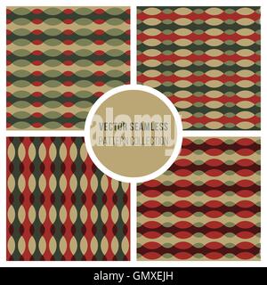 Set Of Four Vector Wavy Line Ellipse Retro Patterns In Green And Red Stock Vector