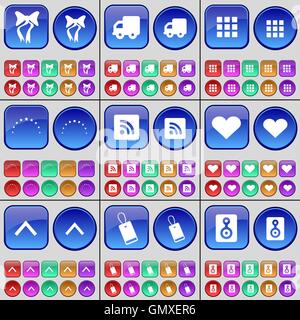 Bow, Truck, Apps, Stars, RSS, Heart, Arrow up, Tag, Speaker. A large set of multi-colored buttons. Vector Stock Vector