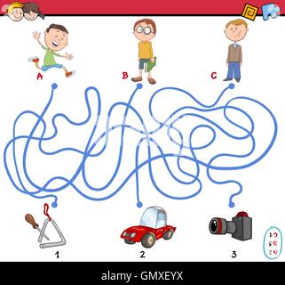 Cartoon Illustration of Educational Paths or Maze Puzzle Activity with Children and Objects Stock Vector