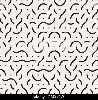 Vector Seamless Black and White Rounded Lines Memphis Style Jumble Pattern Stock Vector