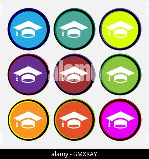 Graduation icon sign. Nine multi colored round buttons. Vector Stock Vector