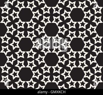 Vector Seamless Black and White Stars and Hexagons Geometric Pattern Stock Vector