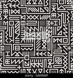 Vector Seamless Black And White Rounded Line Geometric Hipster Signs Pattern Stock Vector