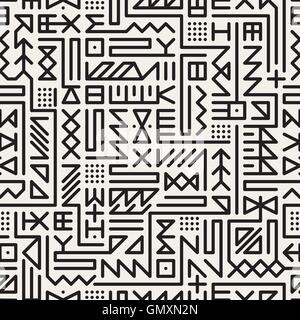 Vector Seamless Black And White Rounded Line Geometric Hipster Signs Pattern Stock Vector