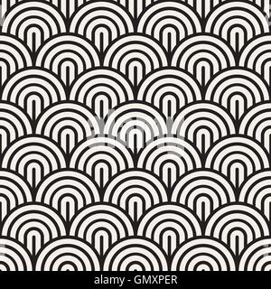 Vector Seamless Black and White Rounded Arc Concentric Circles Pattern Stock Vector