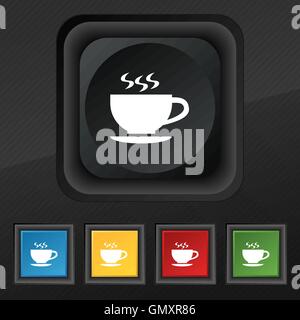 The tea and cup icon symbol. Set of five colorful, stylish buttons on black texture for your design. Vector Stock Vector