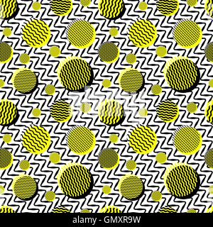Vector Seamless Black White Yellow Vintage 80's Wavy Lines And Circles Jumble Pattern Stock Vector