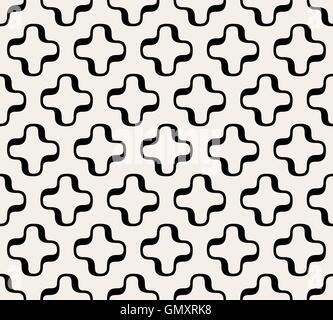 Vector Seamless Black and White Rounded Cross Plus Symbol Simple Line Pattern Stock Vector
