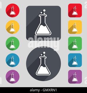 Flask  icon sign. A set of 12 colored buttons and a long shadow. Flat design. Vector Stock Vector