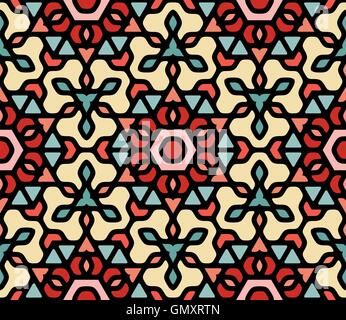 Vector Seamless Colorful Blue Red White Rounded Floral Oriental Hexagonal Mandala Pattern Stock Vector