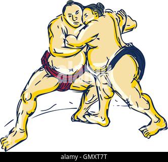 Japanese Sumo Wrestler Wrestling Drawing Stock Vector