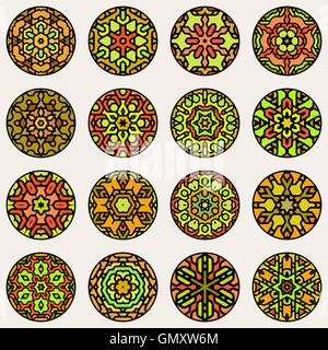 Set of Nine Vector Colorful Circular Floral Oriental Star Mandala Ornamental Pattern Stock Vector