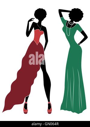 Attractive slender ladies in dull red and green long gown, hand drawing stylized vector illustration Stock Vector