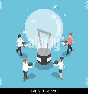 Isometric business people going to recharge idea from big light bulb, creative and idea concept Stock Vector