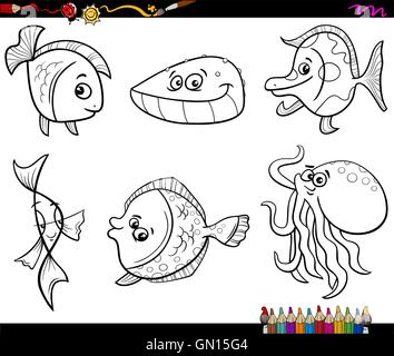 sea animals set coloring page Stock Vector