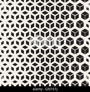 Vector Seamless Black And White  Geometric Cube Shape Lines Halftone Grid Pattern Stock Vector
