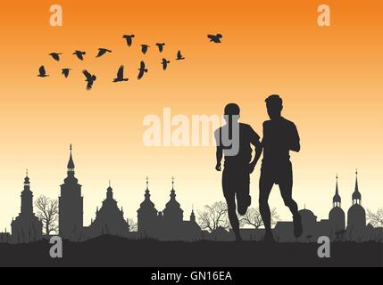 Two runners on the horizon for city Stock Vector