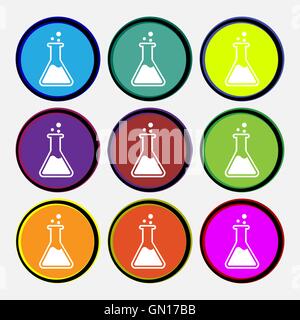 Flask  icon sign. Nine multi colored round buttons. Vector Stock Vector