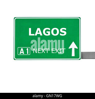 LAGOS road sign isolated on white Stock Photo