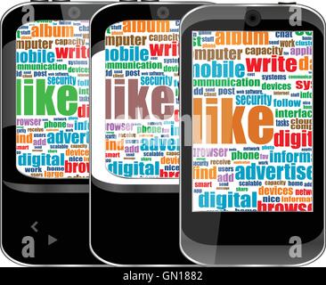 Smartphone set with social media word cloud computing symbol on a screen vector illustration Stock Vector